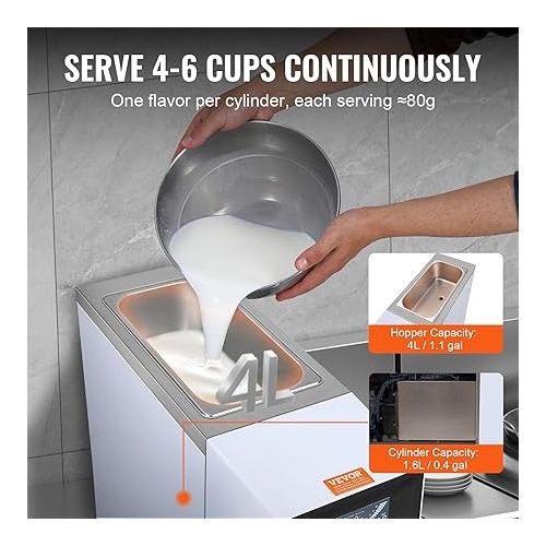  VEVOR Commercial Ice Cream Machine, 10.6 QT/H Yield, 1000W Single Flavor Countertop Soft Serve Ice Cream Maker, with 4L Hopper 1.6L Cylinder, LCD Panel Auto Clean Pre-cooling, for Restaurant Snack Bar