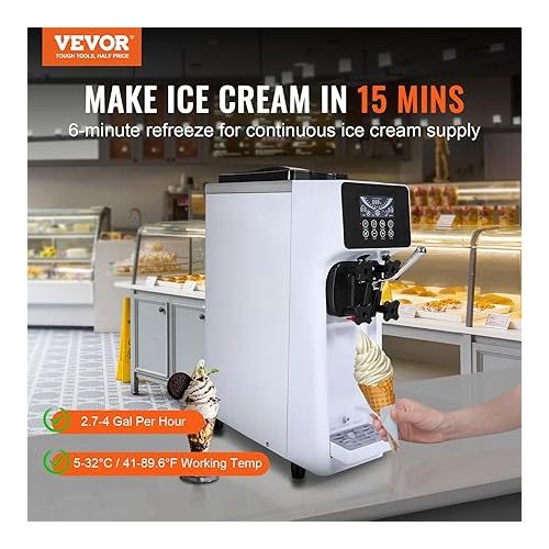  VEVOR Commercial Ice Cream Machine, 10.6 QT/H Yield, 1000W Single Flavor Countertop Soft Serve Ice Cream Maker, with 4L Hopper 1.6L Cylinder, LCD Panel Auto Clean Pre-cooling, for Restaurant Snack Bar