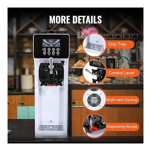  VEVOR Commercial Ice Cream Machine, 10.6 QT/H Yield, 1000W Single Flavor Countertop Soft Serve Ice Cream Maker, with 4L Hopper 1.6L Cylinder, LCD Panel Auto Clean Pre-cooling, for Restaurant Snack Bar