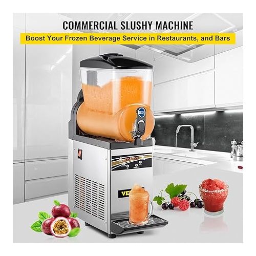  VEVOR Commercial Margarita Machine, 1Tank 15L Commercial Slushy Machine, Stainless Steel Smoothie Frozen Drink Maker, 500W 110V for Supermarkets Cafes Restaurants Bars Home Use