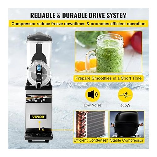  VEVOR Commercial Margarita Machine, 1Tank 15L Commercial Slushy Machine, Stainless Steel Smoothie Frozen Drink Maker, 500W 110V for Supermarkets Cafes Restaurants Bars Home Use