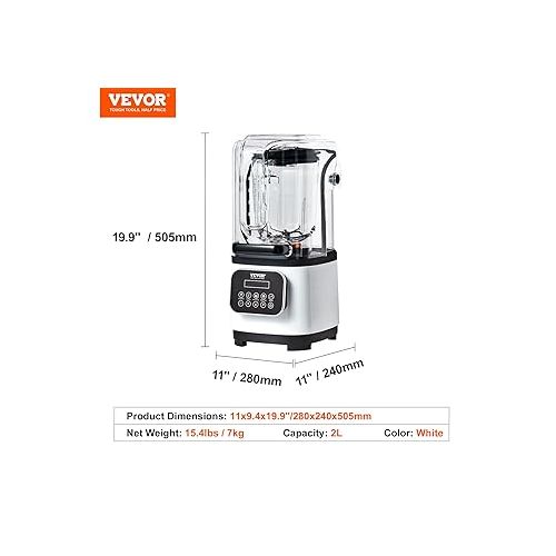  VEVOR Professional Blender with Shield, Commercial Countertop Blenders, 68 oz Jar Blender Combo, Stainless Steel 9 Speed & 5 Functions Blender, for Shakes, Smoothies, Peree, and Crush Ice, White