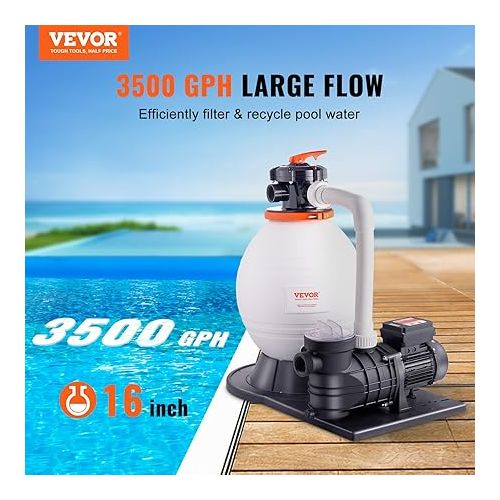  VEVOR Sand Filter Ground 16-inch, 3500 GPH, 1 HP Swimming Pumps System & Filters Combo Set with 6-Way Multi-Port Valve and Strainer Basket, for Domestic and Commercial Pools, White