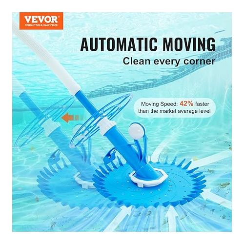  VEVOR Automatic Suction Pool Cleaner, Low Noise Pool Vacuum Cleaner with Extra Diaphragm, 10 x 32 in Hoses & 36-Fin Disc, Side Climbing Pool Cleaners for Above-Ground & In-ground Swimming Pool
