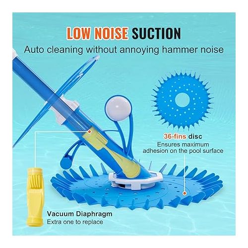  VEVOR Automatic Suction Pool Cleaner, Low Noise Pool Vacuum Cleaner with Extra Diaphragm, 10 x 32 in Hoses & 36-Fin Disc, Side Climbing Pool Cleaners for Above-Ground & In-ground Swimming Pool