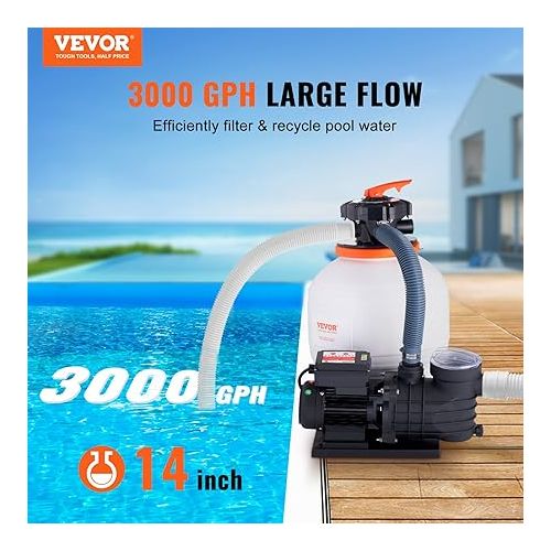  VEVOR Sand Filter Ground 14-inch, 3000 GPH, 3/4 HP Swimming Pumps System & Filters Combo Set with 6-Way Multi-Port Valve & Strainer Basket, for Domestic and Commercial Pools, White