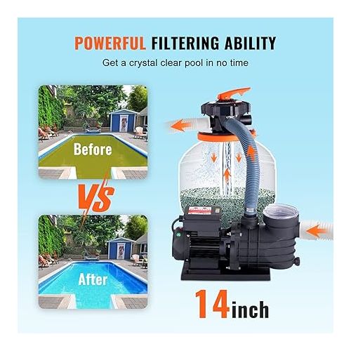  VEVOR Sand Filter Ground 14-inch, 3000 GPH, 3/4 HP Swimming Pumps System & Filters Combo Set with 6-Way Multi-Port Valve & Strainer Basket, for Domestic and Commercial Pools, White