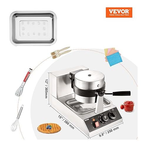  VEVOR Commercial Waffle Maker, 1 Piece per Batch, 1300W Round Waffle Iron, Non-Stick Waffle Baker Machine with 122-572℉ / 50-300℃ Temp Range Teflon-Coated Baking Pans Stainless Steel Body, 120V