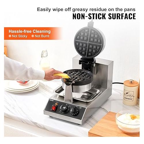  VEVOR Commercial Waffle Maker, 1 Piece per Batch, 1300W Round Waffle Iron, Non-Stick Waffle Baker Machine with 122-572℉ / 50-300℃ Temp Range Teflon-Coated Baking Pans Stainless Steel Body, 120V