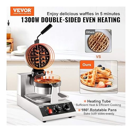  VEVOR Commercial Waffle Maker, 1 Piece per Batch, 1300W Round Waffle Iron, Non-Stick Waffle Baker Machine with 122-572℉ / 50-300℃ Temp Range Teflon-Coated Baking Pans Stainless Steel Body, 120V