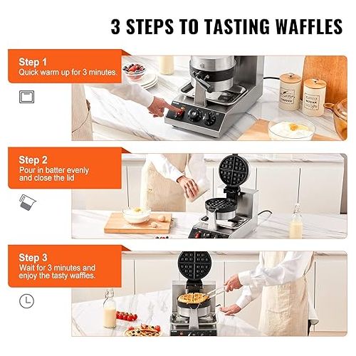  VEVOR Commercial Waffle Maker, 1 Piece per Batch, 1300W Round Waffle Iron, Non-Stick Waffle Baker Machine with 122-572℉ / 50-300℃ Temp Range Teflon-Coated Baking Pans Stainless Steel Body, 120V