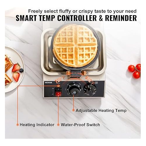  VEVOR Commercial Waffle Maker, 1 Piece per Batch, 1300W Round Waffle Iron, Non-Stick Waffle Baker Machine with 122-572℉ / 50-300℃ Temp Range Teflon-Coated Baking Pans Stainless Steel Body, 120V