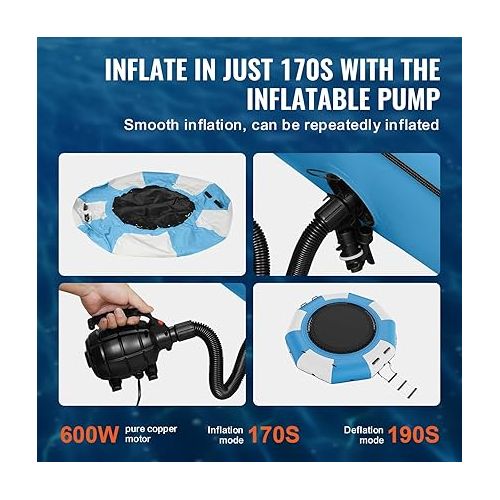  VEVOR Inflatable Water Bouncer, 10ft Recreational Water Trampoline, Portable Bounce Swim Platform with Slide, 3-Step Ladder & Electric Air Pump, Kid Adult Floating Rebounder for Pool Lake Water Sports