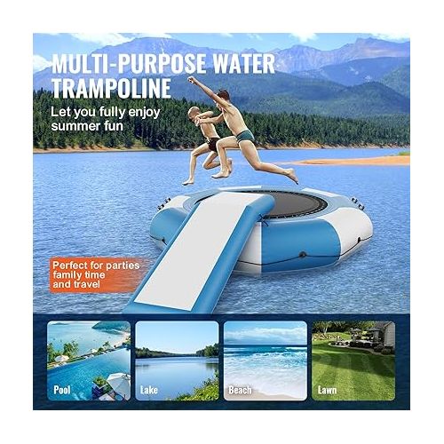  VEVOR Inflatable Water Bouncer, 10ft Recreational Water Trampoline, Portable Bounce Swim Platform with Slide, 3-Step Ladder & Electric Air Pump, Kid Adult Floating Rebounder for Pool Lake Water Sports