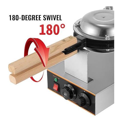  VEVOR Commercial Bubble Waffle Maker, 1400W Egg Bubble Puff Iron w/ 180° Rotatable 2 Pans & Wooden Handles, Stainless Steel Baker w/Non-Stick Teflon Coating, 50-250℃/122-482℉ Adjustable