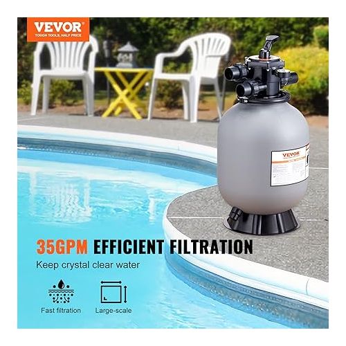  VEVOR Sand Filter, 16-inch, Up to 35 GPM Flow Rate, Above Inground Swimming Pool Sand Filter System with 7-Way Multi-Port Valve, Filter, Backwash, Rinse, Recirculate, Waste, Winter, Closed Functions