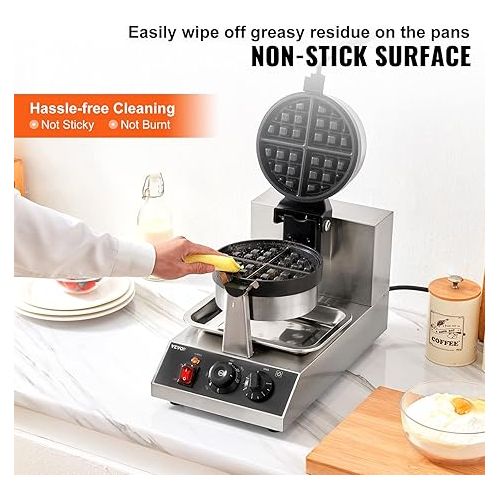  VEVOR Commercial Waffle Maker, 1300W Round Waffle Iron, Non-Stick Rotatable Waffle Baker Machine With 122-572℉ Temp Range and Time Control, Teflon-Coated Baking Pan Stainless Steel Body 120V