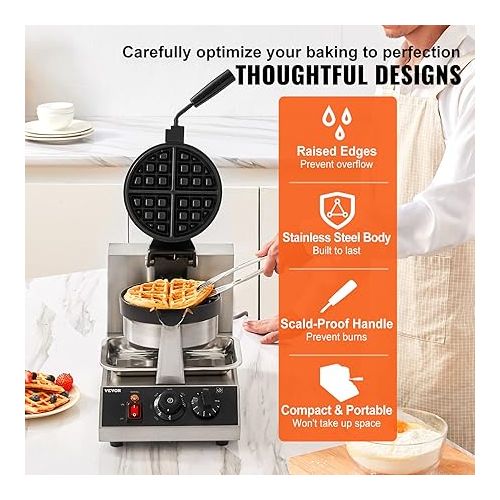  VEVOR Commercial Waffle Maker, 1300W Round Waffle Iron, Non-Stick Rotatable Waffle Baker Machine With 122-572℉ Temp Range and Time Control, Teflon-Coated Baking Pan Stainless Steel Body 120V