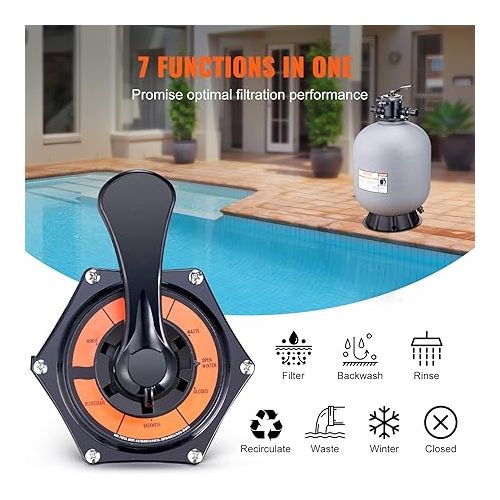  VEVOR 25053BX 24-inch, Up to 65 GPM Flow Rate, Above Inground Swimming Pool Sand System with 7-Way Multi-Port Valve, Filter, Backwash, Rinse, Raecirculate, Waste, Winter, Closed Functions, Gray