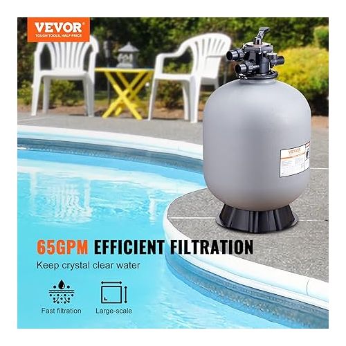  VEVOR 25053BX 24-inch, Up to 65 GPM Flow Rate, Above Inground Swimming Pool Sand System with 7-Way Multi-Port Valve, Filter, Backwash, Rinse, Raecirculate, Waste, Winter, Closed Functions, Gray