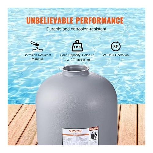  VEVOR 25053BX 24-inch, Up to 65 GPM Flow Rate, Above Inground Swimming Pool Sand System with 7-Way Multi-Port Valve, Filter, Backwash, Rinse, Raecirculate, Waste, Winter, Closed Functions, Gray