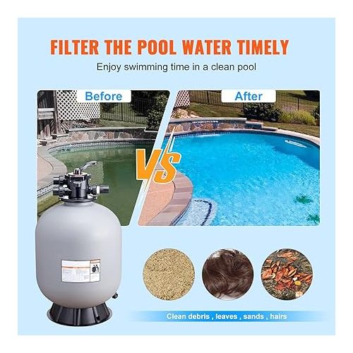  VEVOR 25053BX 24-inch, Up to 65 GPM Flow Rate, Above Inground Swimming Pool Sand System with 7-Way Multi-Port Valve, Filter, Backwash, Rinse, Raecirculate, Waste, Winter, Closed Functions, Gray