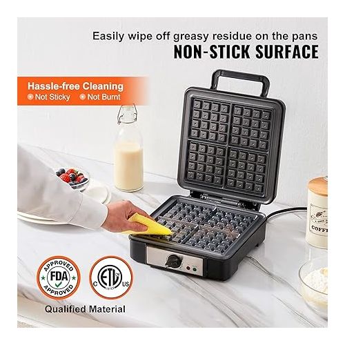  VEVOR Waffle Maker 1200W Square Waffle Iron, Non-Stick Waffle Baker Machine with Five-setting Browning Controls, 4 Slice Belgian Waffle Maker Teflon-Coated Baking Pans Stainless Steel Body, 120V