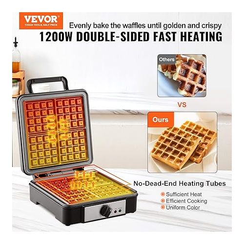  VEVOR Waffle Maker 1200W Square Waffle Iron, Non-Stick Waffle Baker Machine with Five-setting Browning Controls, 4 Slice Belgian Waffle Maker Teflon-Coated Baking Pans Stainless Steel Body, 120V