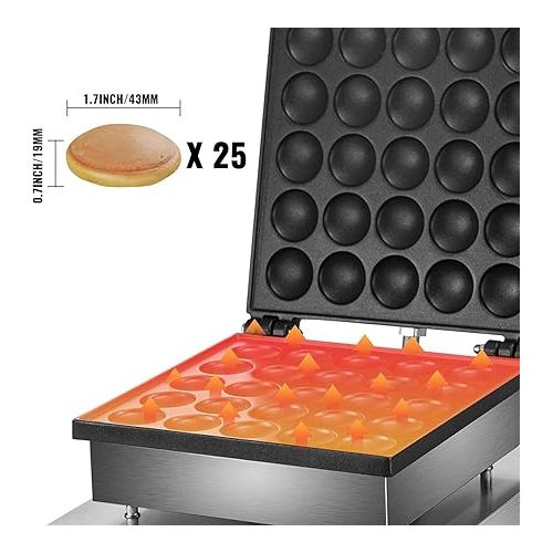  VEVOR Mini Dutch Pancake Maker, 1.7-Inch Diameter Mini Pancake Poffertjes Machine Electric Poffertjes for 25PCs Round Pancakes, 850W Commercial Pancake Maker, 50-300℃ Poffertjes Maker, Stainless Steel