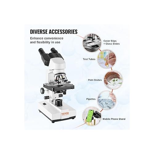 VEVOR Binocular Compound Microscope, 40X-2500X Magnification, Binocular Compound Lab Microscope with LED Illumination, Two-Layer Mechanical Stage, Includes Phone Holder & Microscope Slides