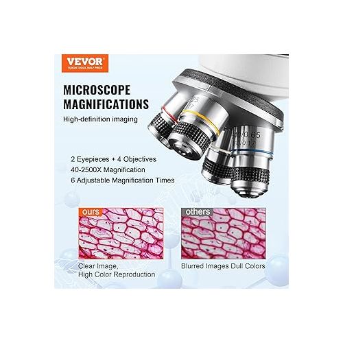  VEVOR Binocular Compound Microscope, 40X-2500X Magnification, Binocular Compound Lab Microscope with LED Illumination, Two-Layer Mechanical Stage, Includes Phone Holder & Microscope Slides