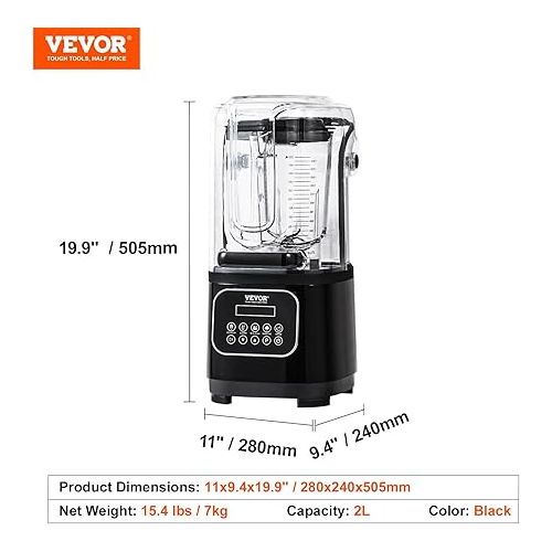  VEVOR Professional Blender with Shield, Commercial Countertop Blenders, 68 oz Jar Blender Combo, Stainless Steel 9 Speed & 5 Functions Blender, for Shakes, Smoothies, Peree, and Crush Ice, Black