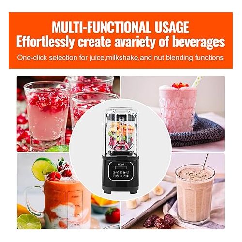  VEVOR Professional Blender with Shield, Commercial Countertop Blenders, 68 oz Jar Blender Combo, Stainless Steel 9 Speed & 5 Functions Blender, for Shakes, Smoothies, Peree, and Crush Ice, Black