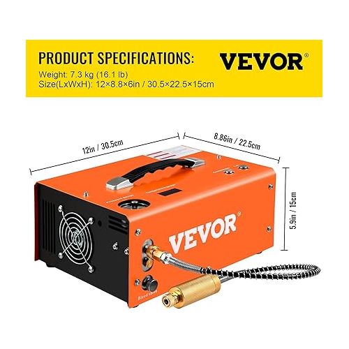  VEVOR PCP Air Compressor, 4500PSI Portable PCP Compressor, 12V DC 110V/220V AC PCP Airgun Compressor Auto-stop, w/Built-in Adapter, Fan Cooling, Suitable for Paintball, Air Rifle, Mini Diving Bottle