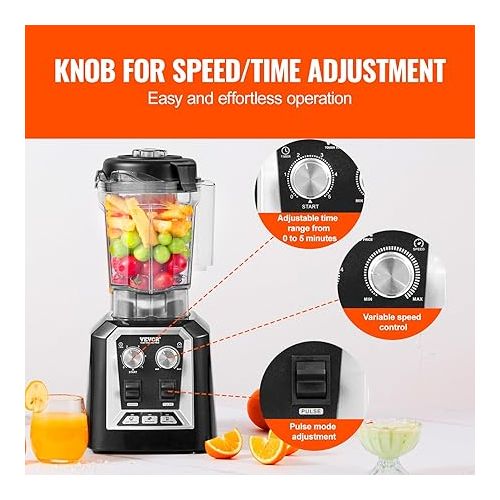  VEVOR Professional Blender, Commercial Countertop Blenders, 68 oz Jar Blender Combo, Stainless Steel 3 Functions Blender, for Frozen Drinks, Shakes, Smoothies, Peree, and Crush Ice, Black