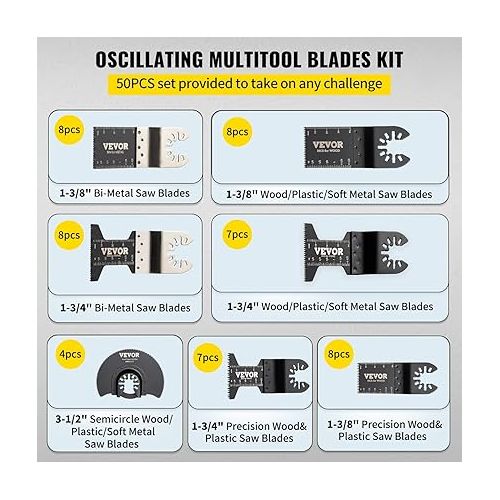  VEVOR 50 PCS Oscillating Saw Blades, Quick Release Multitool Blades Kit, HCS Tool Blades for Wood Plastic Metal Nails Bolts, Compatible with Dewalt Dremel Fein Worx Bosch Makita Milwaukee