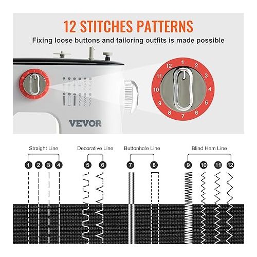  VEVOR Portable Sewing Machine, Household Sewing Machine for Beginners 12 Built-in Stitches and Reverse Sewing, Dual Speed Kids Sewing Machine Extension Table Foot Pedal, Accessory Kit Family Home