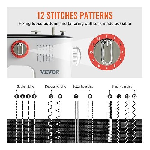  VEVOR Sewing Machine, Portable Sewing Machine for Beginners with 12 Built-in Stitches, Reverse Sewing, Dual Speed Kids Sewing Machine with Extension Table Foot Pedal, Accessory Kit Family Home Travel