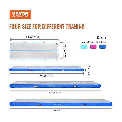  VEVOR Gymnastics Air Track Tumbling Mat,Inflatable Tumble Track with Electric Pump, Training Mats for Home Use/Gym/Yoga/Cheerleading/Beach/Park/Water