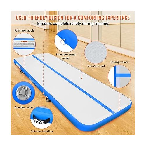  VEVOR Gymnastics Air Track Tumbling Mat,Inflatable Tumble Track with Electric Pump, Training Mats for Home Use/Gym/Yoga/Cheerleading/Beach/Park/Water