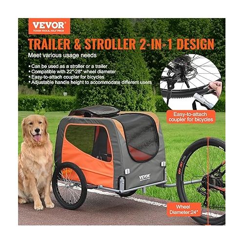  VEVOR Dog Bike Trailer, Supports up to 66/88/100 lbs, 2-in-1 Pet Stroller Cart Bicycle Carrier, Easy Folding Cart Frame with Quick Release Wheels, Universal Bicycle Coupler, Reflectors, Flag