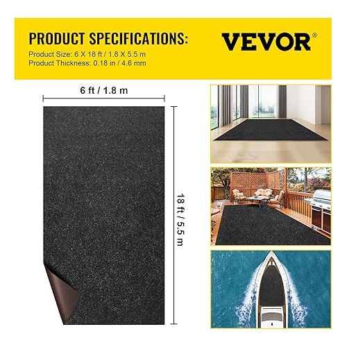  VEVOR Marine Carpet, 6 x 18 ft Boat Carpeting, Charcoal Black Marine Grade Boat Carpet, Indoor/Outdoor Marine Carpeting w/Water-Proof TPR Backing, Water-Proof Carpet Roll for Home, Patio, Porch, Deck