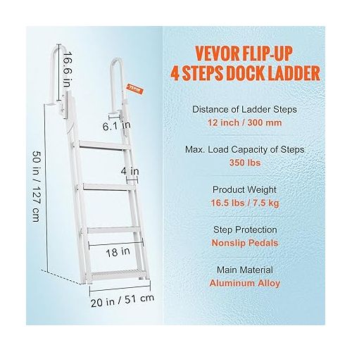 VEVOR Dock Ladder Flip Up 4 Steps, 350lbs Load Capacity, Aluminum Pontoon Boat Ladder with 4