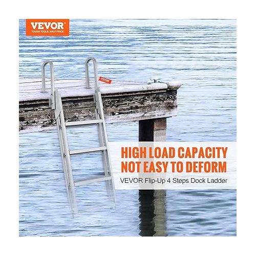  VEVOR Dock Ladder Flip Up 4 Steps, 350lbs Load Capacity, Aluminum Pontoon Boat Ladder with 4