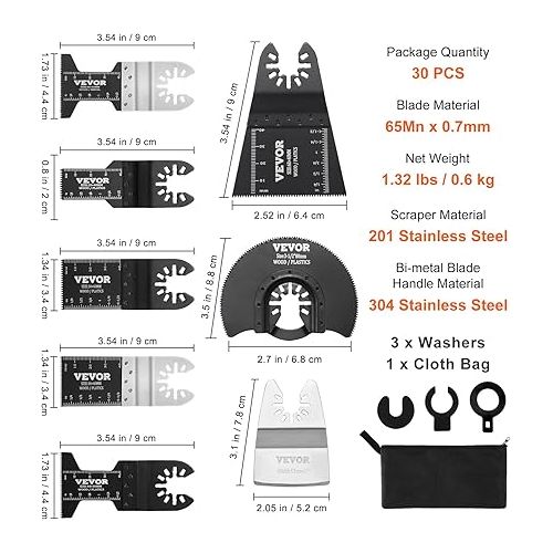  VEVOR 30PCS Multi Tool Blades Kits, Universal Quick Release Oscillating Saw Blades, 8 Types Wood Metal Plastic Oscillating Tool Blades, Fit Dewalt Milwaukee Hitachi Chicago Craftsman