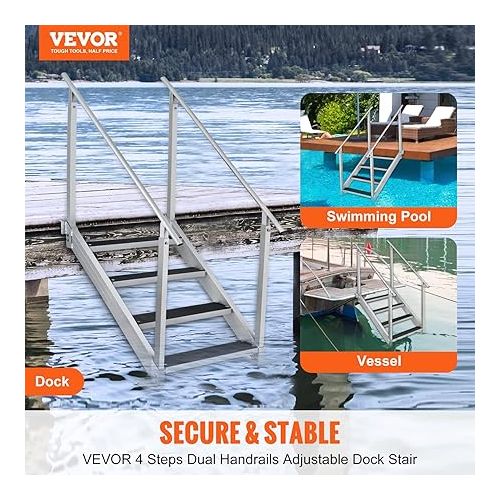  VEVOR Dock Stairs 4 Steps, 500lbs Load Pool Steps, Adjustable Height Aluminum Dock Ladders, Pontoon Boat Ladder with Handrails & Widen Nonslip Rubber Pedals for Lake/Pool/Marine Boarding/RV/House