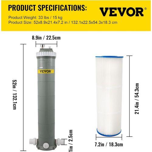  VEVOR Pool Cartridge Filter, 194Sq. Ft Filter Area Inground Pool Filter,Above Ground Swimming Pool Cartridge Filter System w/Polyester Cartridge,Corrosion-proof,Auto Pressure Relie