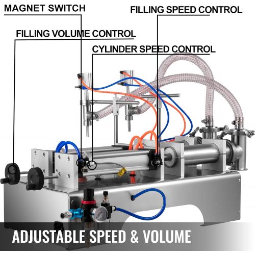  VEVOR Pneumatic Liquid Filling Machine 50-500ml, Liquid Filler Machine Double Heads, Bottle Filler Horizontal Automatic Stainless Steel Structure for Oil Water etc.