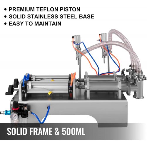  VEVOR Pneumatic Liquid Filling Machine 50-500ml, Liquid Filler Machine Double Heads, Bottle Filler Horizontal Automatic Stainless Steel Structure for Oil Water etc.