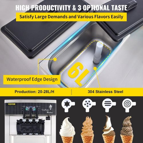  VEVOR 2200W Commercial Soft Ice Cream Machine 3 Flavors 5.3 to 7.4Gallons per Hour Auto Clean LED Panel Perfect for Restaurants Snack Bar supermarkets 2200W